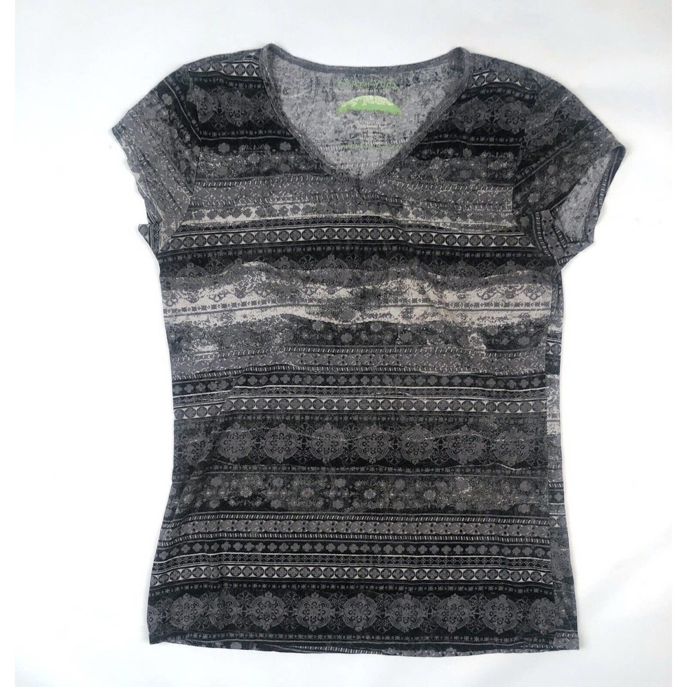 Earth Yoga Women's Gray Organic T-Shirt Top Size Large Short Sleeve V-Neck